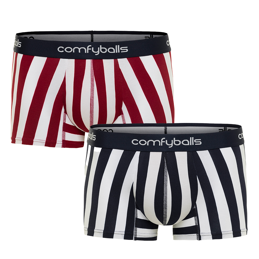 Comfyballs men’s boxer briefs bundle – red stripe print underwear and blue navy stripe underwear, ultra-soft cotton boxers with breathable fabric and supportive fit.