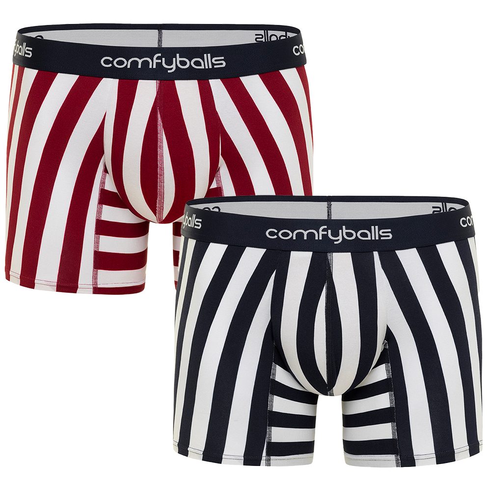 Comfyballs men’s boxer briefs bundle – red stripe print underwear and blue navy stripe underwear, ultra-soft cotton boxers with breathable fabric and supportive fit.