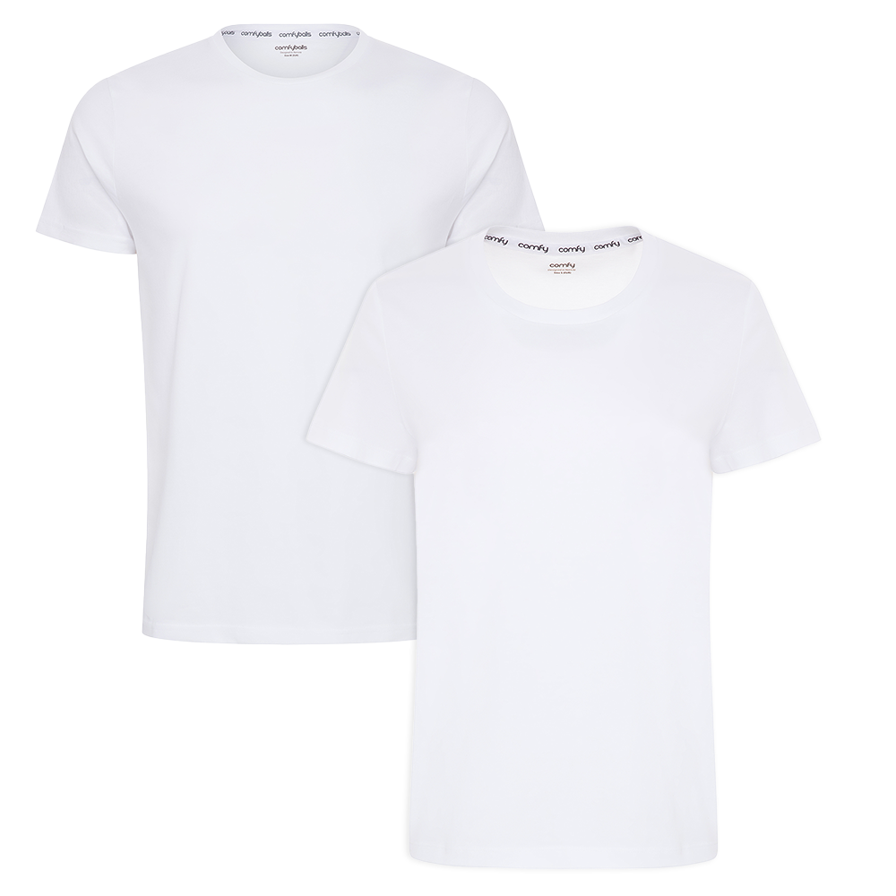 Image of a white tees bundle, one for women and one for men.