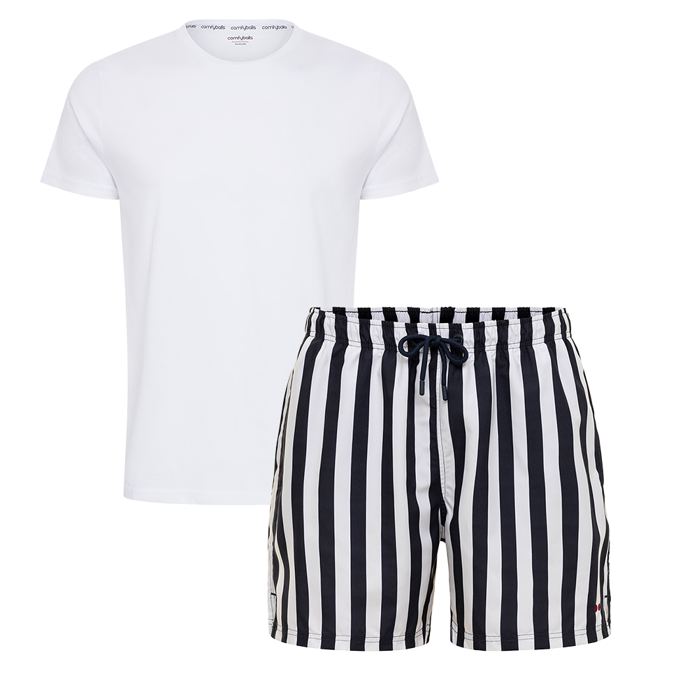 Image of a white tee and navy striped swimtrunk bundle.