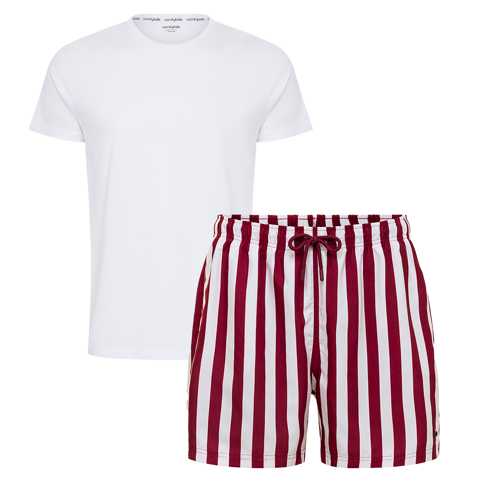 Image of a white tee and red striped swimtrunk bundle.