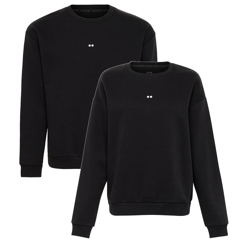 Image of a black sweatshirts bundle, one for women and one for men.