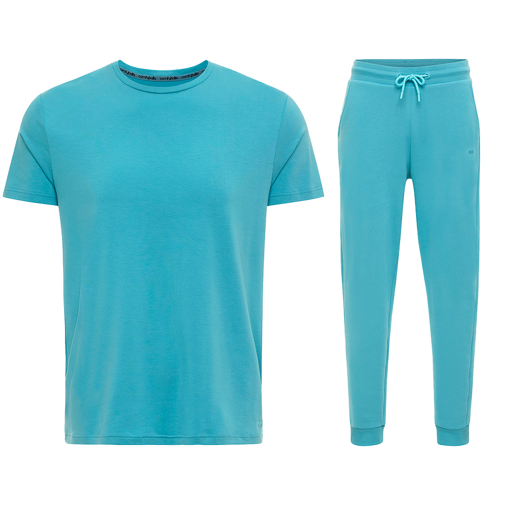Comfyballs sky blue loungewear set – premium men’s tee and sweatpants bundle made from soft cotton blend, perfect for casual wear, lounging, or travel comfort.