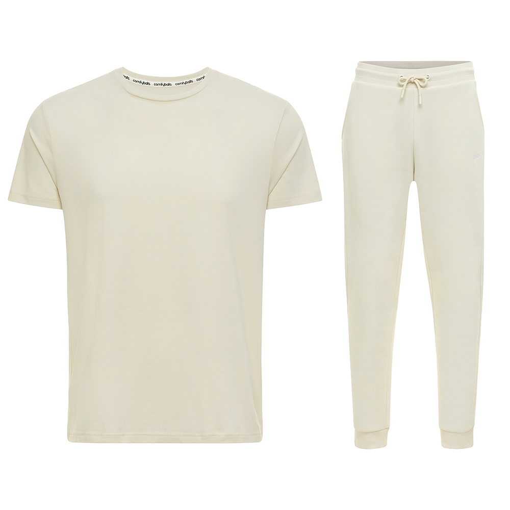 Comfyballs off white loungewear set – premium men’s tee and sweatpants bundle made from soft cotton blend, perfect for casual wear, lounging, or travel comfort.