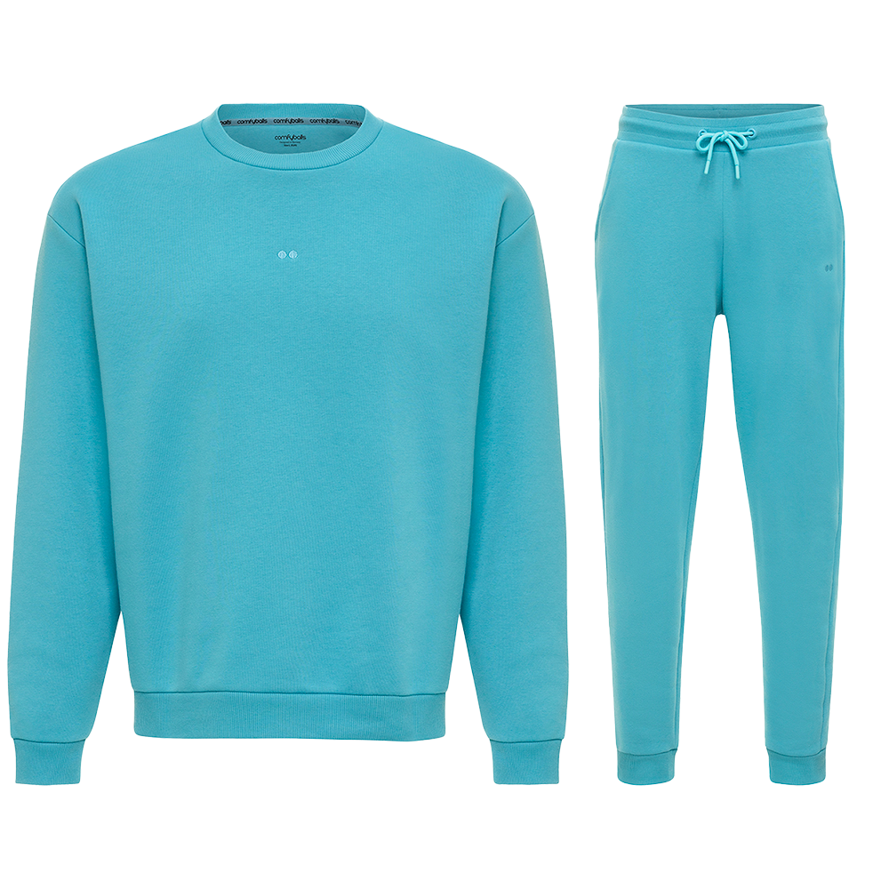 Comfyballs sky blue loungewear set – premium men’s sweatshirt and sweatpants bundle made from soft cotton blend, perfect for casual wear, lounging, or travel comfort.