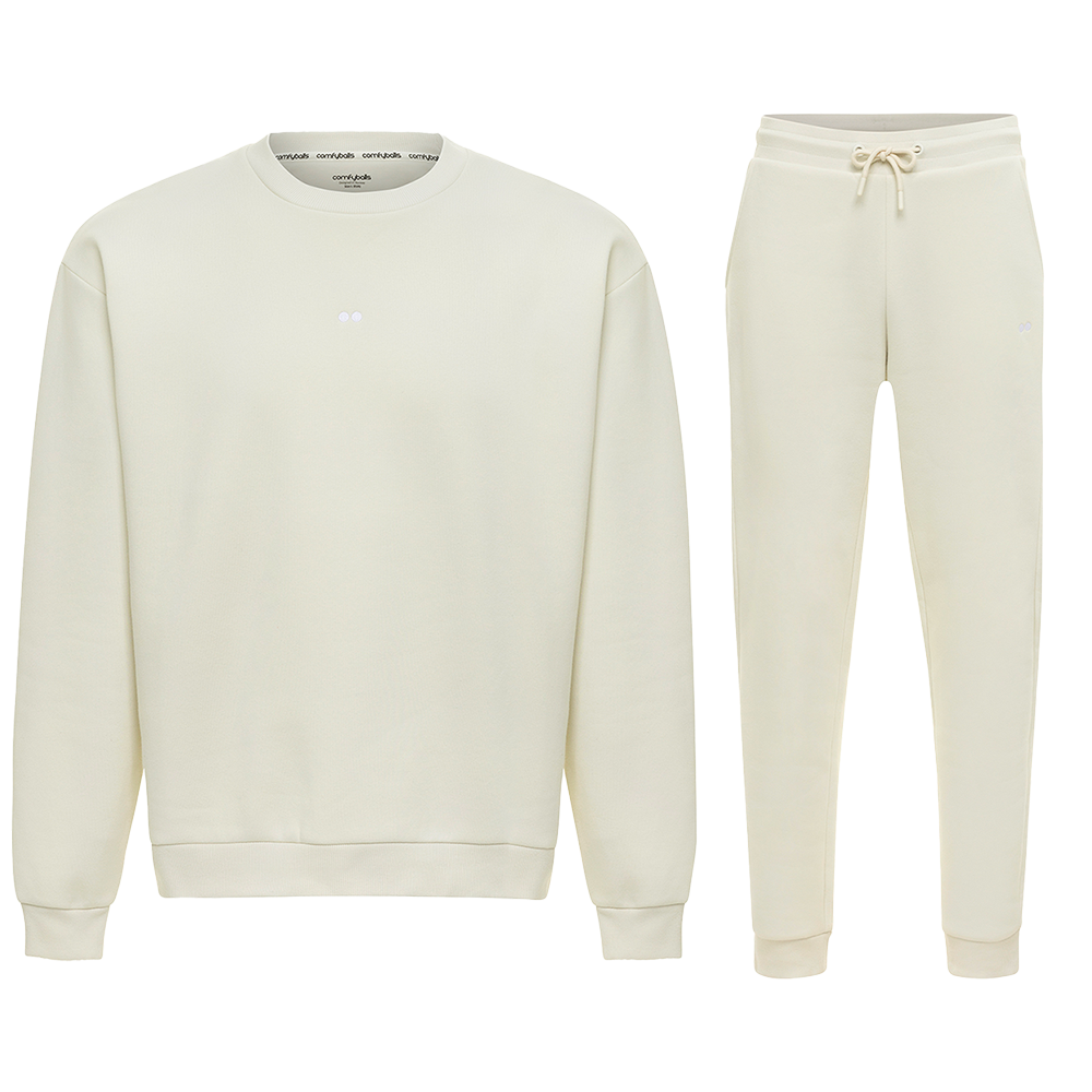 Comfyballs off-white loungewear set – premium men’s sweatshirt and sweatpants bundle made from soft cotton blend, perfect for casual wear, lounging, or travel comfort.