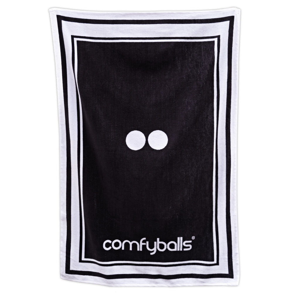 Image of a black and white Comfyballs towel.