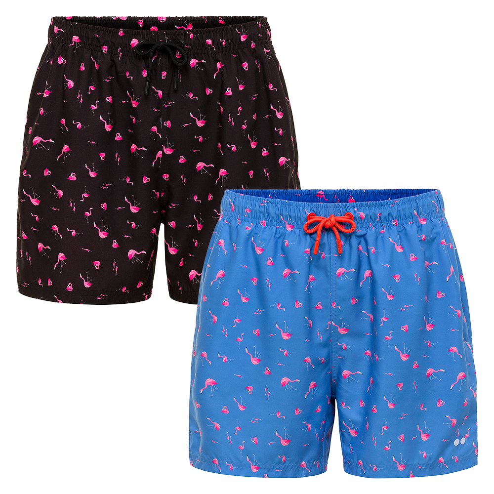Comfyballs men’s swim trunks bundle – black flamingo print swim trunk and blue flamingo print swim trunk, ultra-soft with breathable fabric and supportive fit.