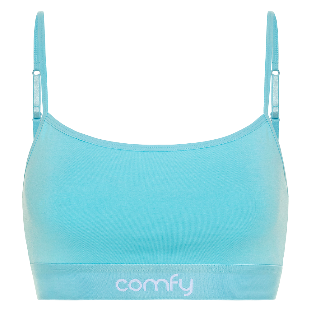 Close-up of Comfyballs women’s sky blue bra – soft cotton fabric with comfortable straps and supportive band, designed for a smooth and flattering fit.