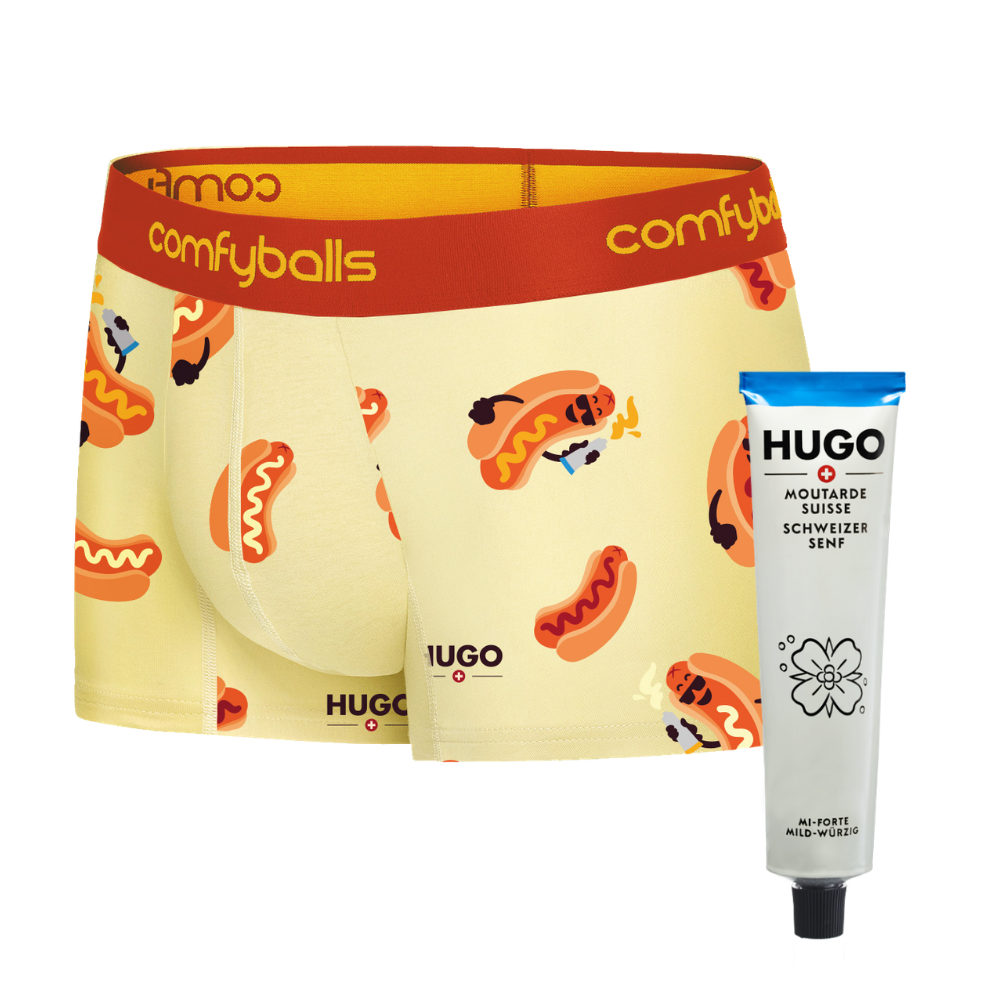Boxer briefs with hot dog pattern and a tube of HUGO mustard on a white background
