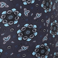Patterned fabric with blue flowers and butterflies on a dark background