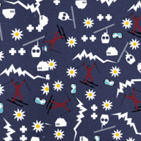 Ski resort pattern with skiers, mountains, and snowflakes on a blue background