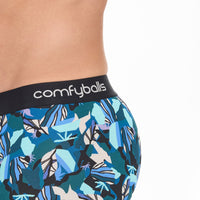 Side view of Comfyballs marine blue boxer briefs – showcasing supportive fit and branded waistband, made from breathable cotton for maximum comfort and style.