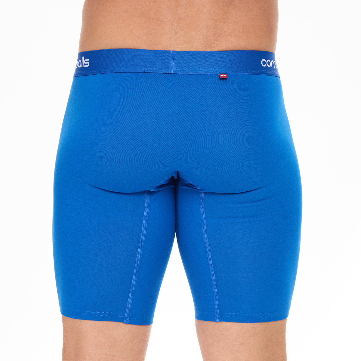 Blue boxer briefs with brand logo on a white background