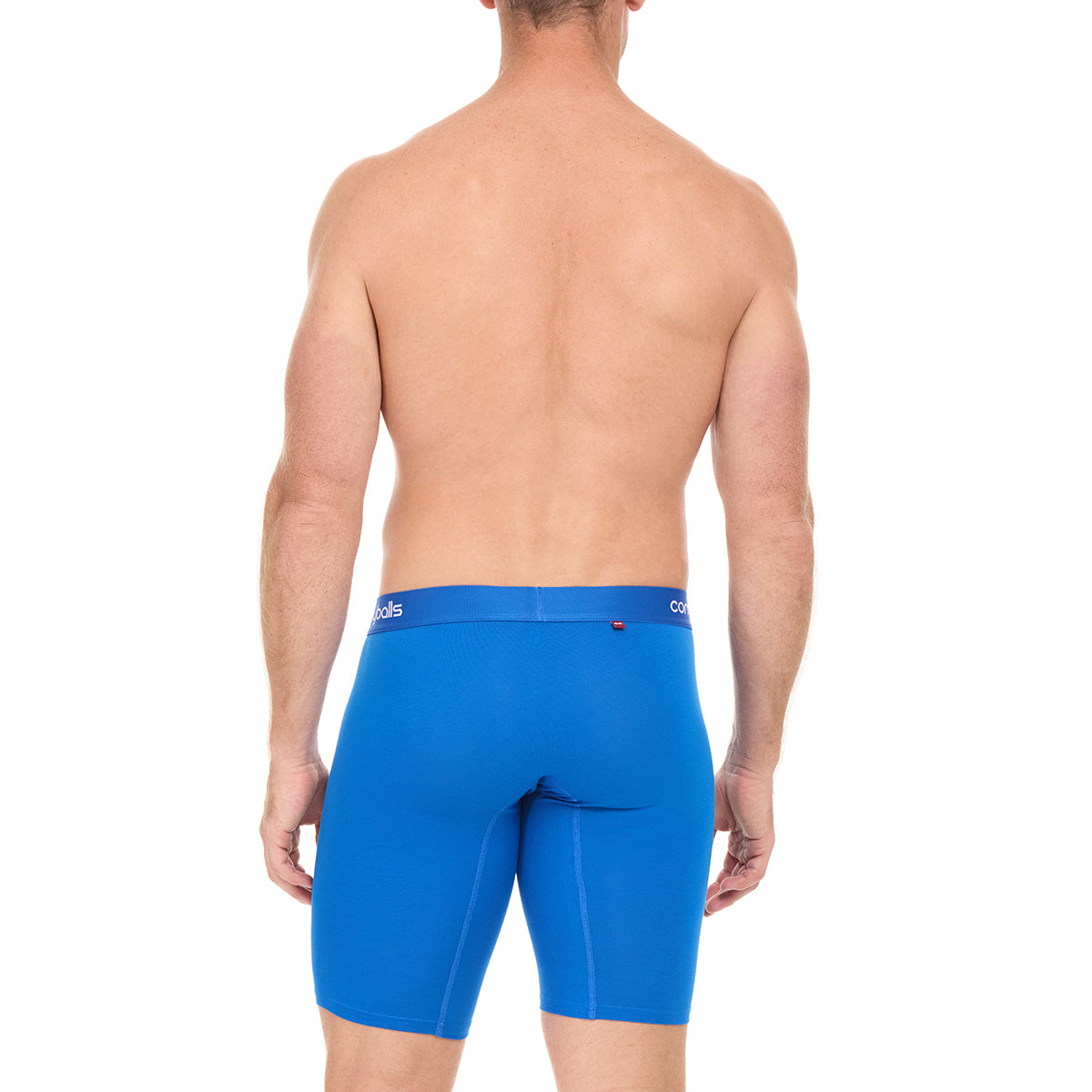 Blue boxer worn by a person on a white background