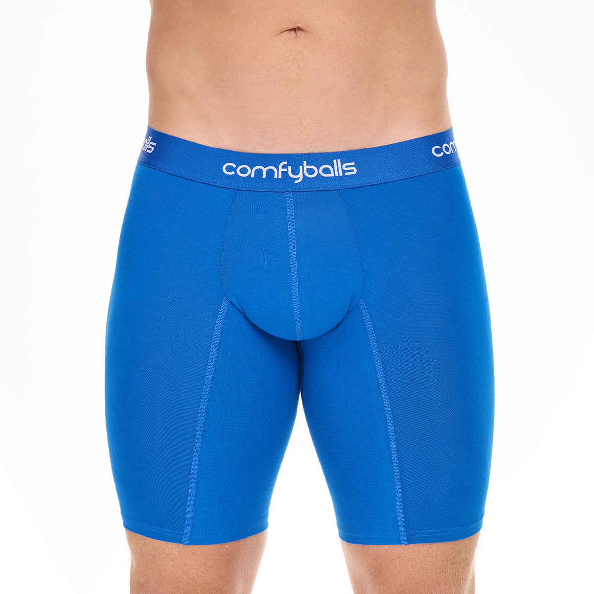 Blue men's underwear with 'comfyballs' brand on a white background
