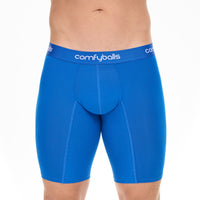 Blue men's underwear with 'comfyballs' brand on a white background
