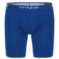 Blue boxer briefs with 'comfyballs' waistband on a white background