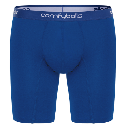 Blue boxer briefs with 'comfyballs' waistband on a white background