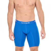 Blue men's underwear with 'comfyballs' brand on a white background