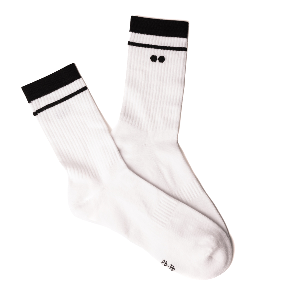 White socks with black trim on a white background