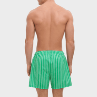 Man wearing green striped swim shorts on a white background