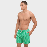 Man wearing green striped swim shorts on a white background