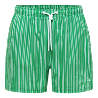 Green shorts with white stripes and a drawstring on a white background