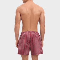 Person wearing red and white striped boxer shorts on a plain background