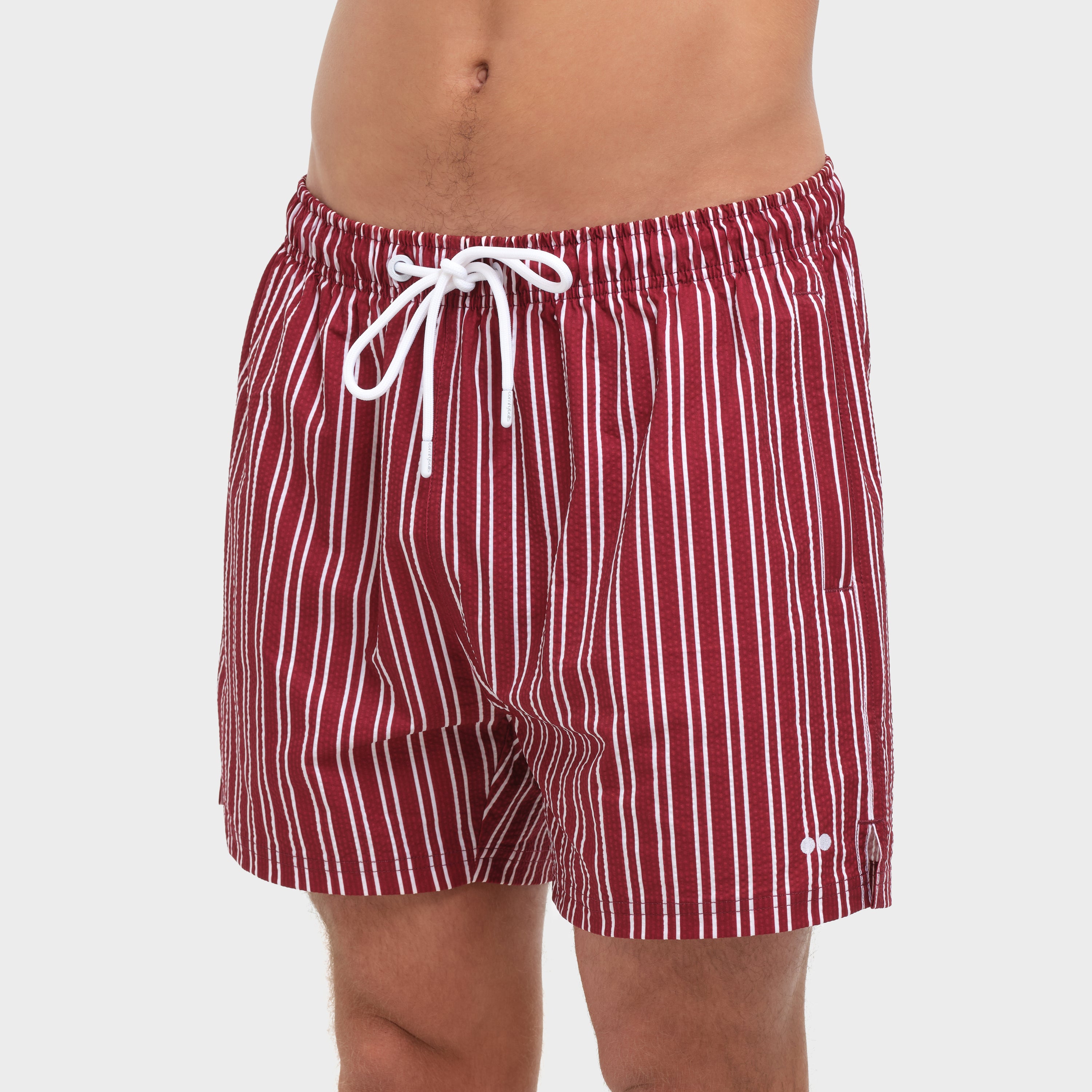 Red Seersucker Swim Trunks