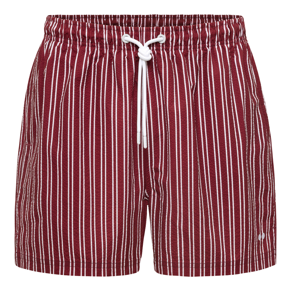 Red Seersucker Swim Trunks