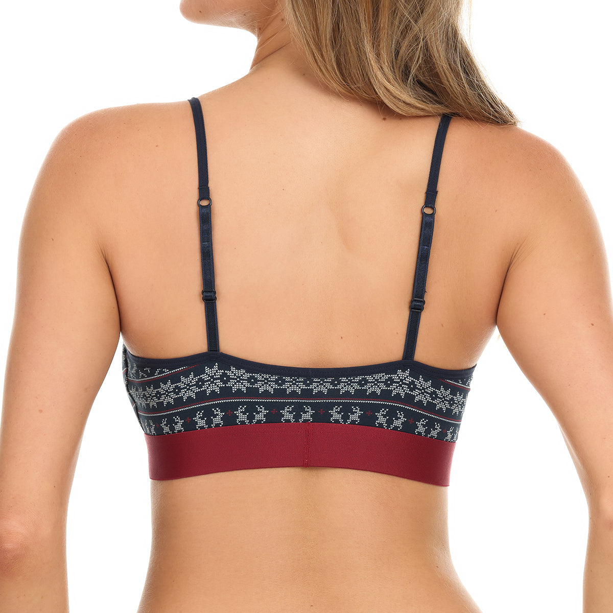 Navy blue and red bra with floral lace trim on a white background