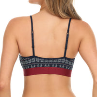 Navy blue and red bra with floral lace trim on a white background