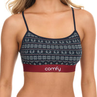 Navy patterned sports bra with red band and 'comfy' logo on a white background
