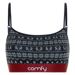 Patterned crop top with 'comfy' branding on a white background