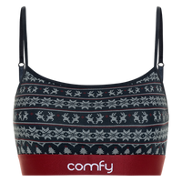 Patterned crop top with 'comfy' branding on a white background
