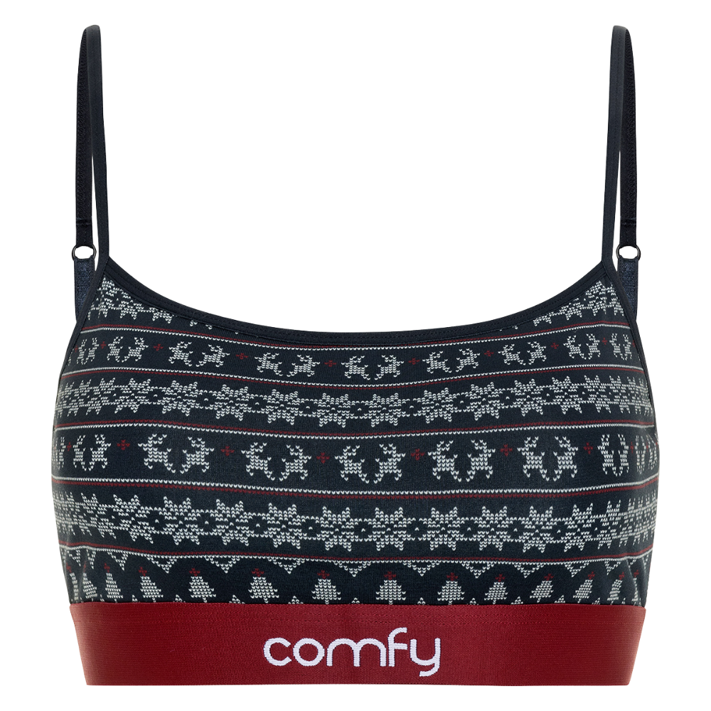 Patterned crop top with 'comfy' branding on a white background