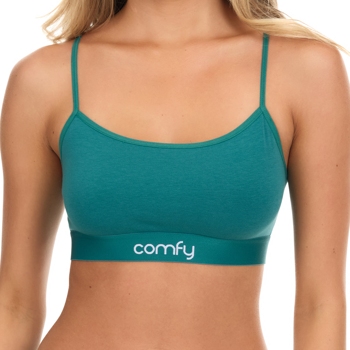Teal sports bra with 'comfy' logo on a white background