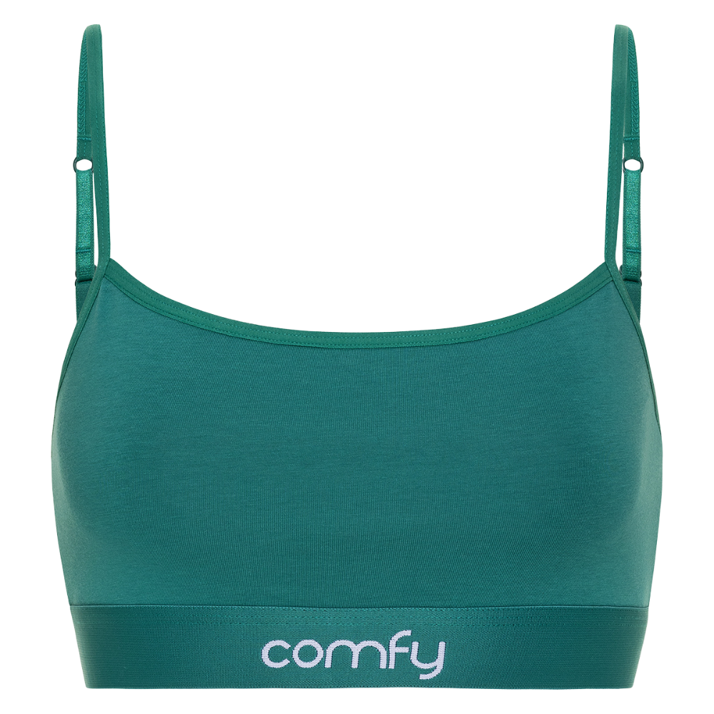 Green sports bra with 'comfy' branding on a white background