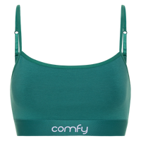 Green sports bra with 'comfy' branding on a white background