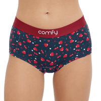 Navy underwear with red strawberry pattern and red waistband on a white background