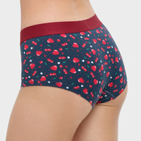 Navy underwear with red cherry pattern and red waistband on a white background