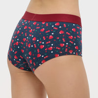Navy underwear with red heart pattern on a white background