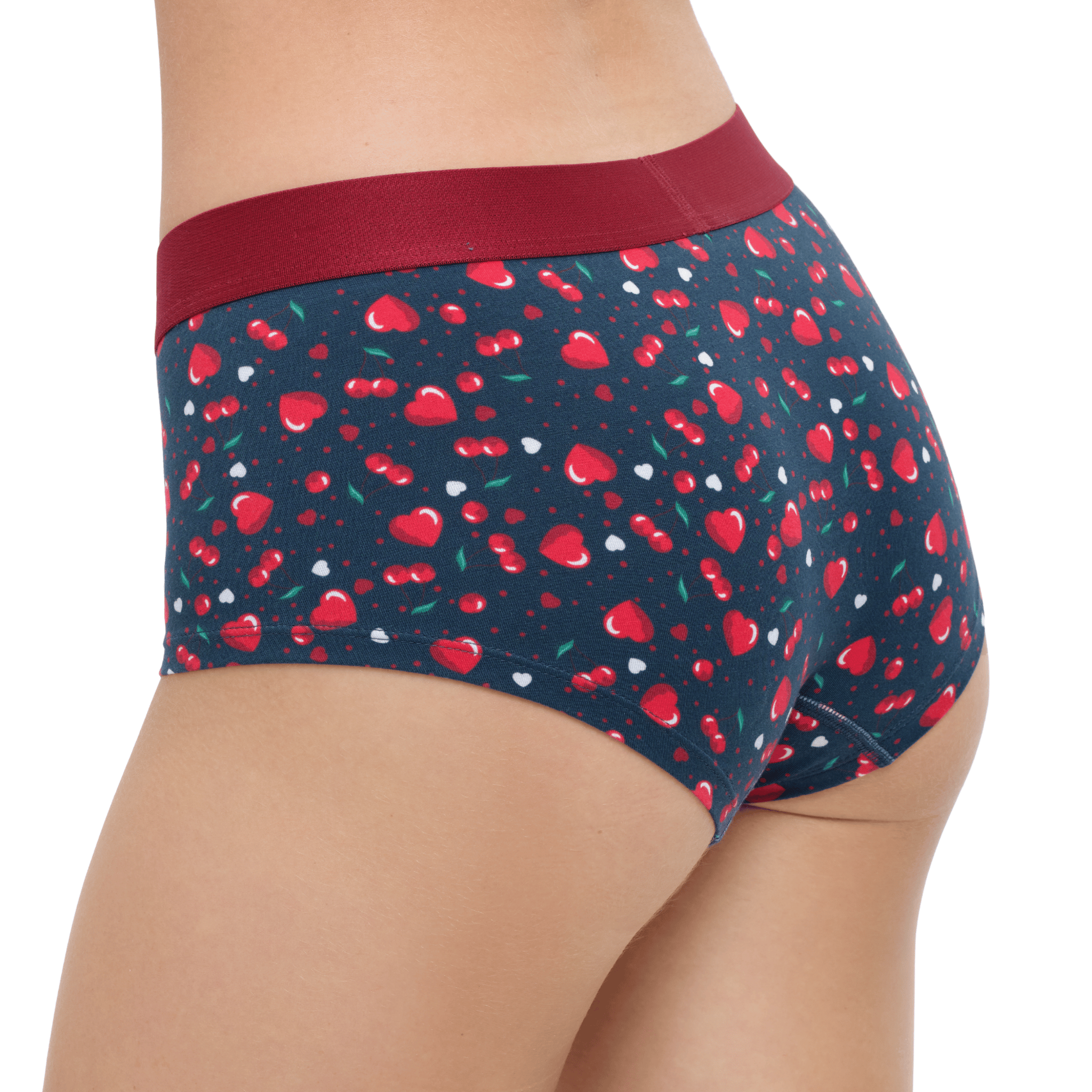 Navy blue underwear with red heart pattern and red waistband on a white background