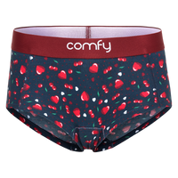Heart-patterned underwear with red waistband on a white background