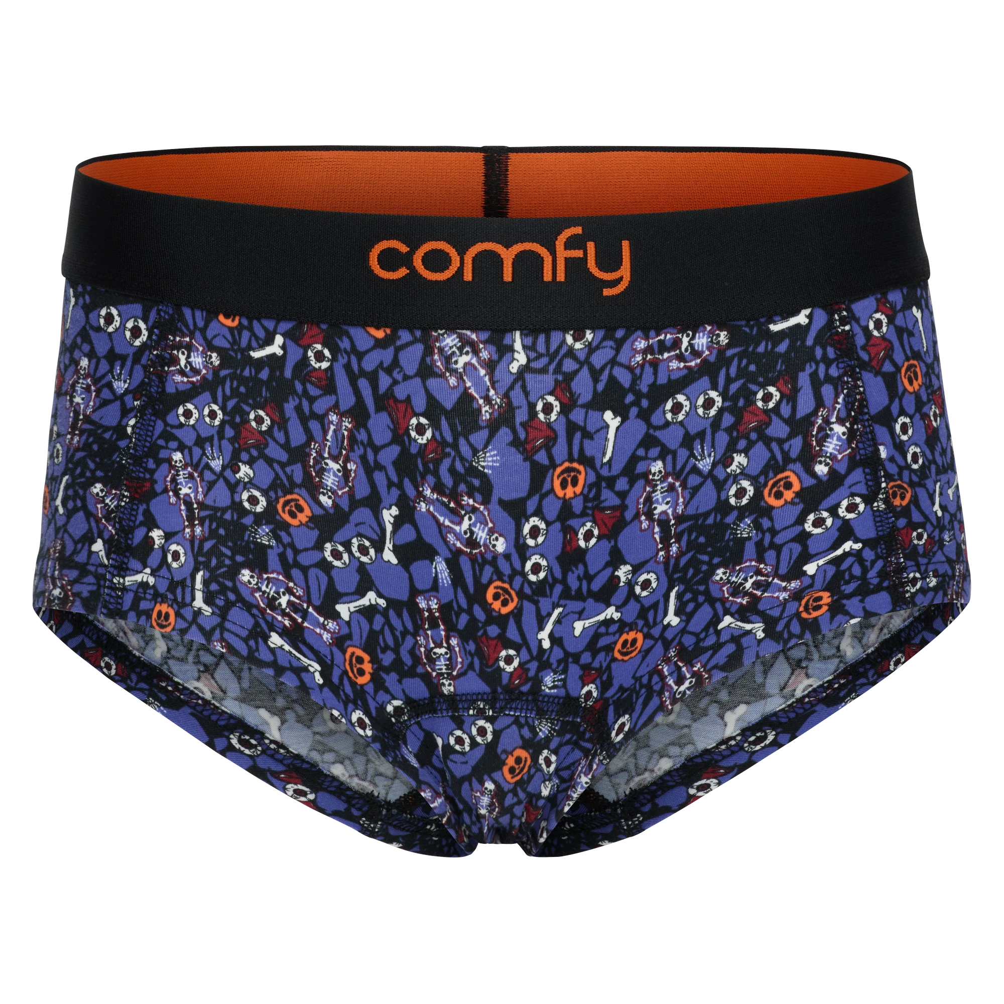 fit:hipster | quantity:1x | A pair of women's hipsters by Comfy featuring a dark blue and black Halloween-themed print with bones, ghosts, and jack-o'-lanterns, a black waistband with orange interior lining, and the brand name 'comfy' in orange on the front.