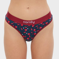 Womans underwear with cherry pattern and 'comfy' brand name on a white background