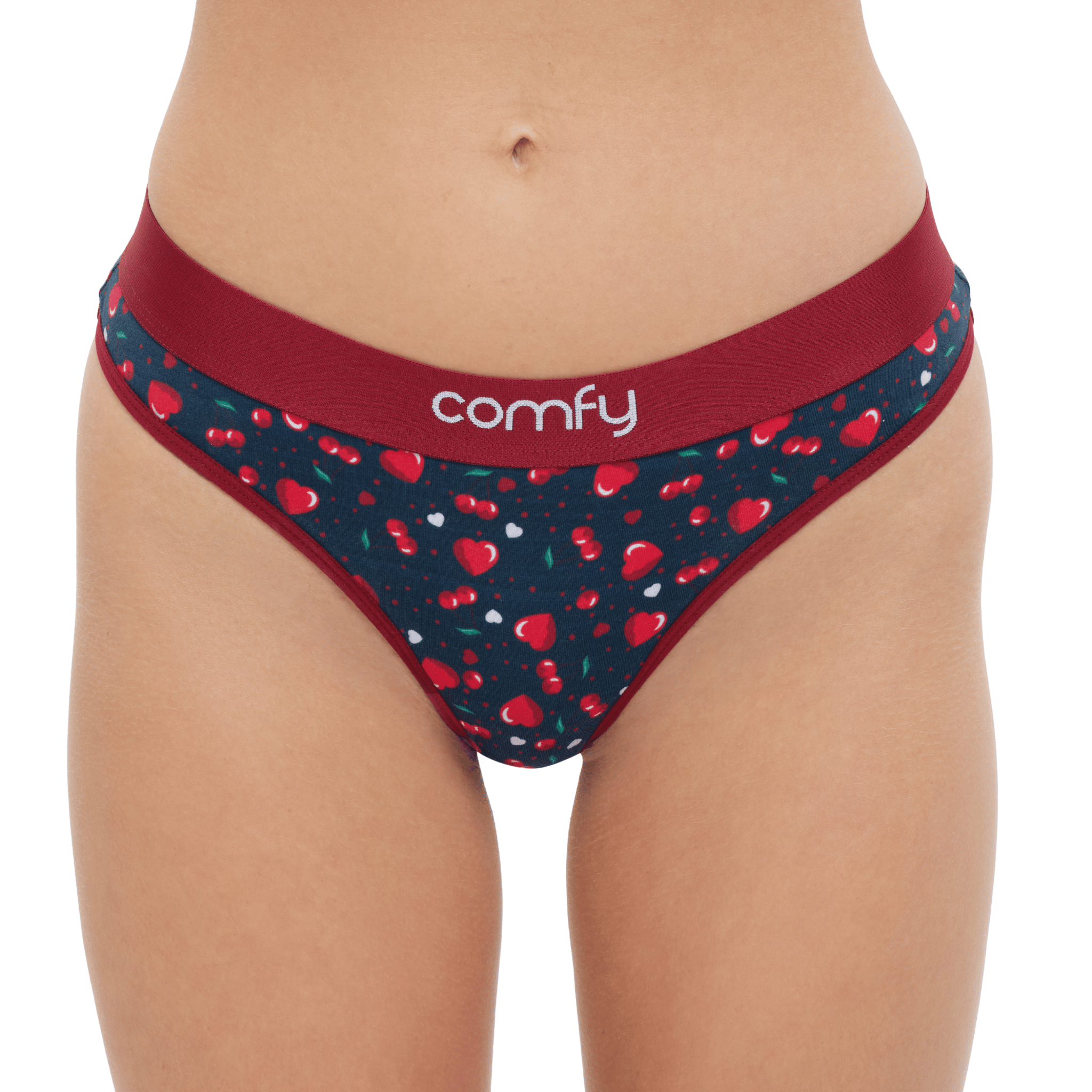Womans underwear with cherry pattern and 'comfy' label on a white background