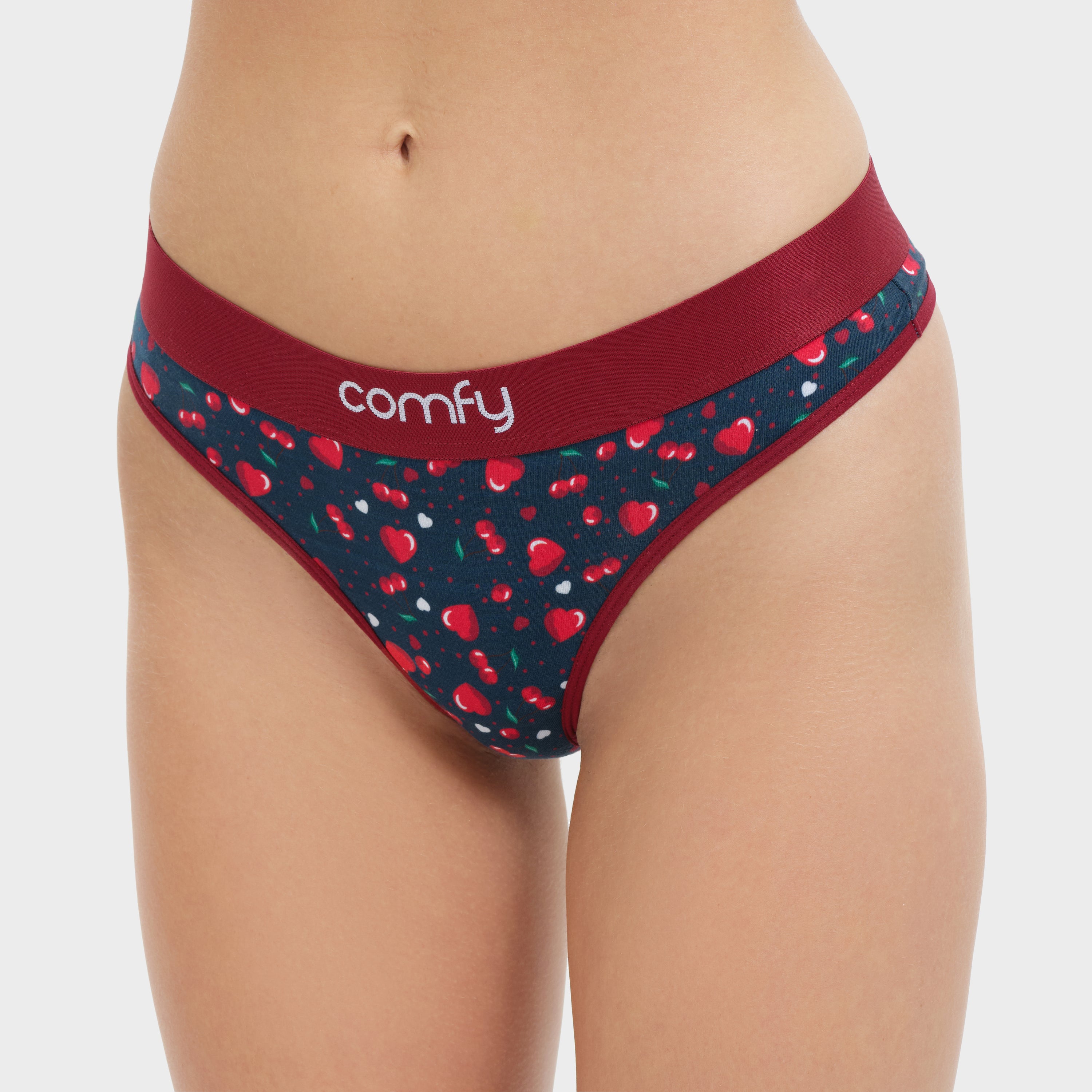 Heart-patterned underwear with 'comfy' waistband on a white background