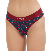 Red and blue patterned underwear with 'comfy' branding on a white background